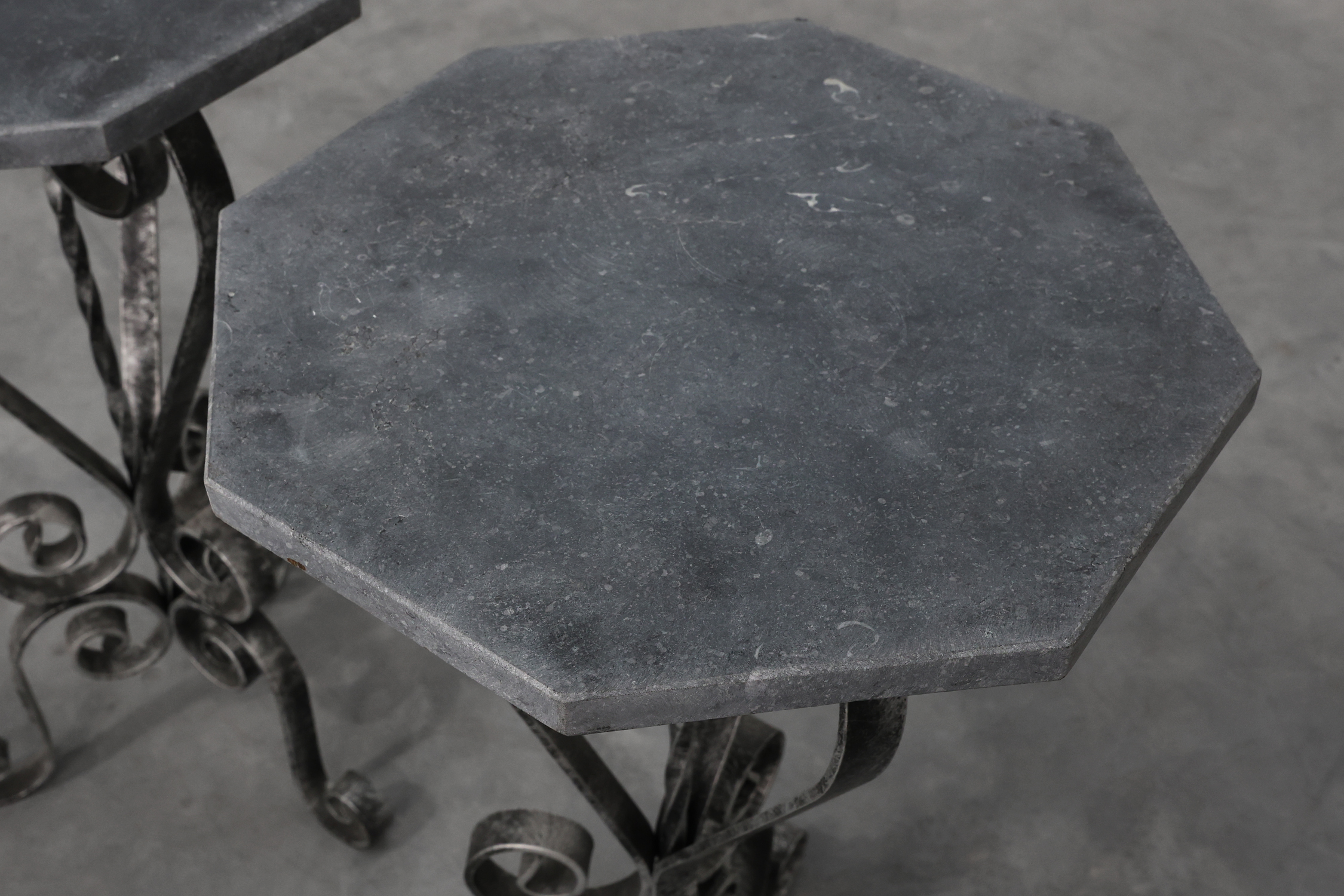 Pair of French Wrought Iron Consoles with Belgian Blue Stone Tops, 1950sthumbnail